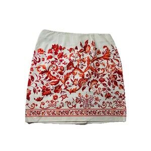 Talbots Floral Pencil Skirt Red Cream Zip Size 14 100% Cotton Paisley Midi